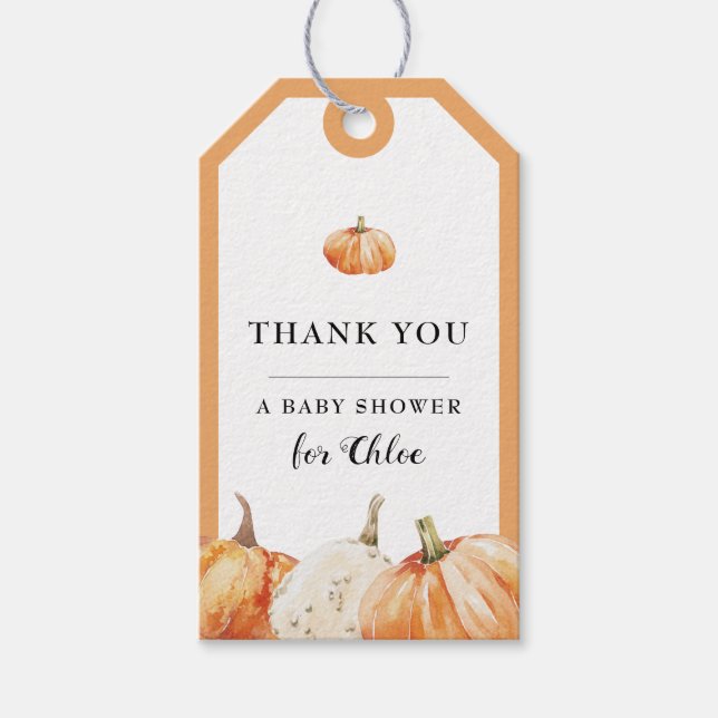 Étiquettes-cadeau Baby shower citrouille d'aquarelle Merci (Devant)