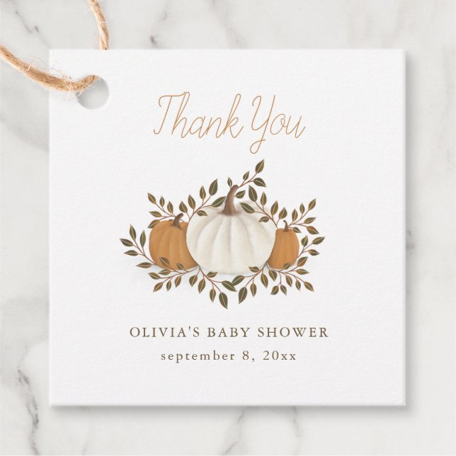 Étiquettes Cadeau Baby shower citrouille Rustique Orange Merci (Devant)