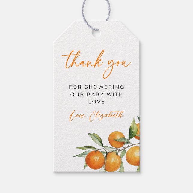 Étiquettes-cadeau Baby shower Citrus Orange Little Cutie (Devant)
