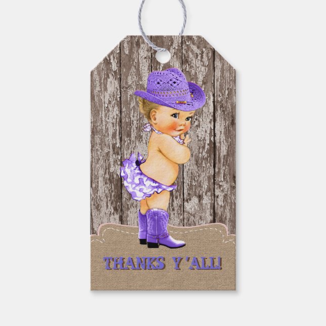 Étiquettes-cadeau Baby shower Cowgirl violet (Devant)