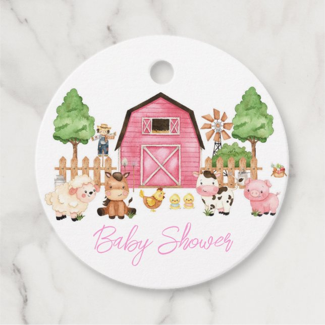 Étiquettes Cadeau Baby shower d'animaux de ferme roses (Devant)