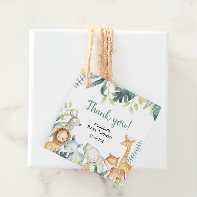 Étiquettes Cadeau Baby shower d'animaux safari aquarelle (En situation)