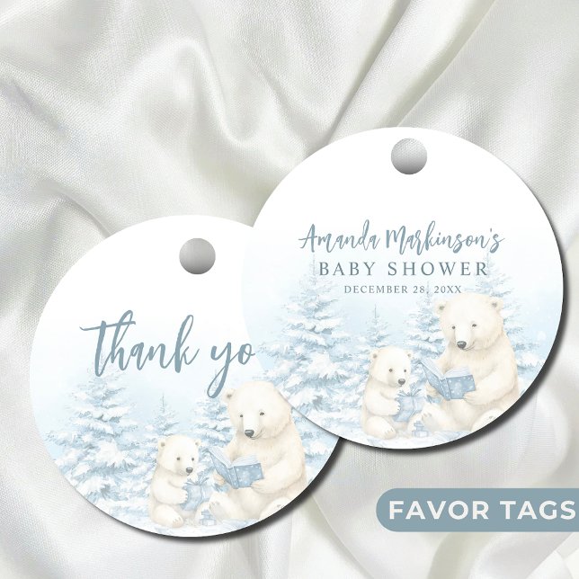 Étiquettes Cadeau Baby shower d'aquarelle bleu d'ours polaire d'hive (Créateur téléchargé)