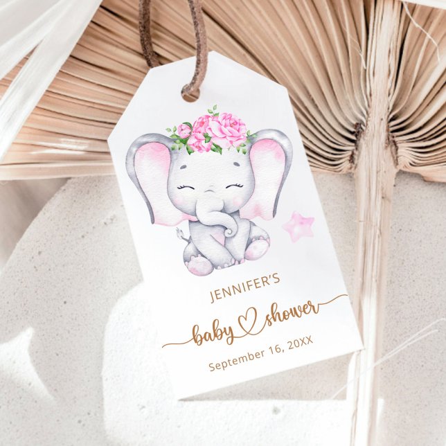 Étiquettes-cadeau Baby shower d'aquarelle de fille Eléphant (Créateur téléchargé)