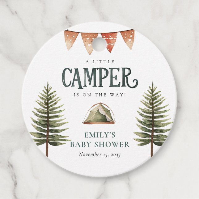 Étiquettes Cadeau Baby shower d'aquarelle de la forêt de camping (Devant)