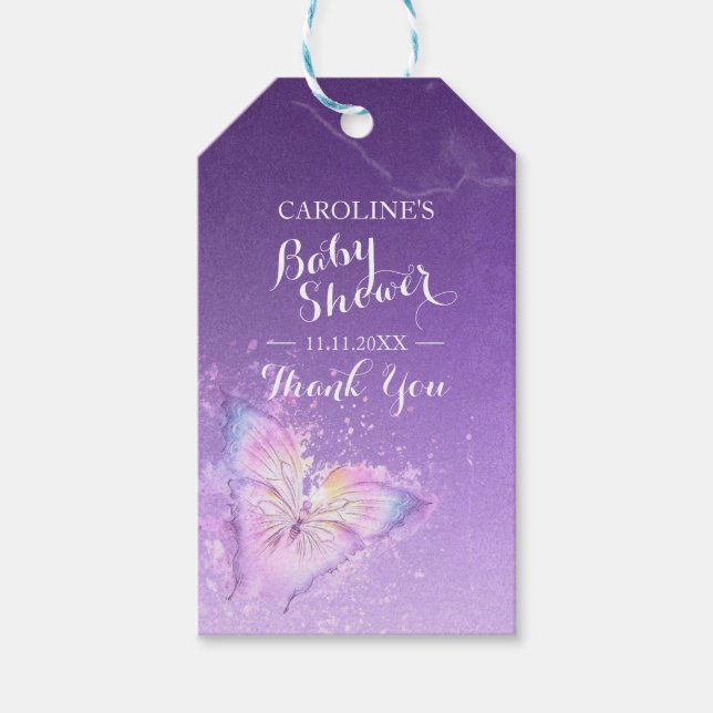 Étiquettes-cadeau Baby shower d'aquarelle de papillon pourpre person (Devant)
