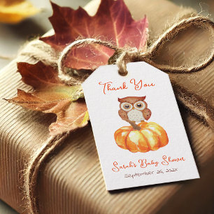 Étiquettes-cadeau Baby shower d'automne Citrouille et hibou Merci d'
