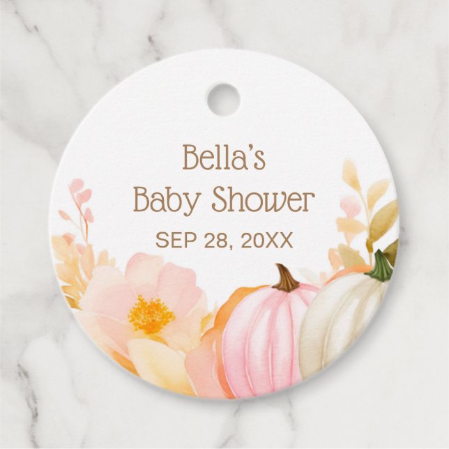 Étiquettes Cadeau Baby shower d'automne Citrouille rose (Devant)
