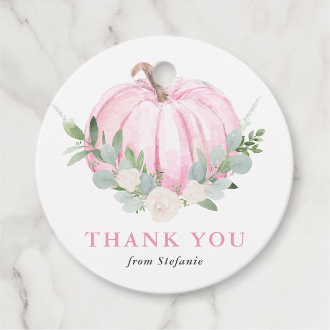 Étiquettes Cadeau Baby shower d'automne Citrouille rose Aquarelle Me (Devant)