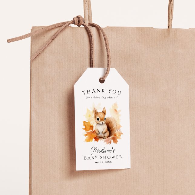 Étiquettes-cadeau Baby shower d'automne d'écureuil en bois mignon (Créateur téléchargé)