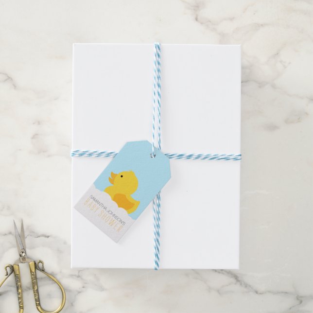 Étiquettes-cadeau Baby shower de bain à bulle en caoutchouc jaune (Avec de laficelle)