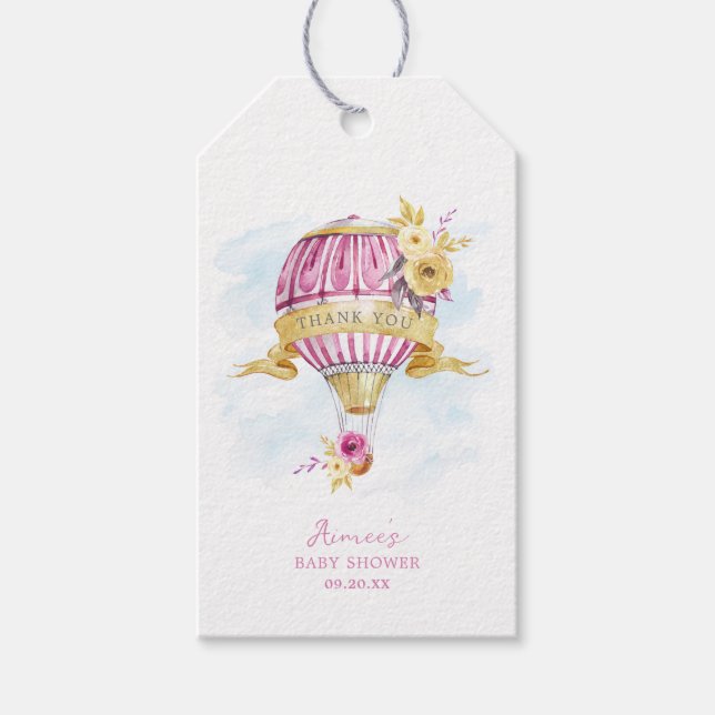 Étiquettes-cadeau Baby shower de ballon à air chaud rose personnalis (Devant)