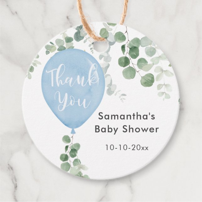 Étiquettes Cadeau Baby shower de ballon bleu vert eucalyptus (Devant)
