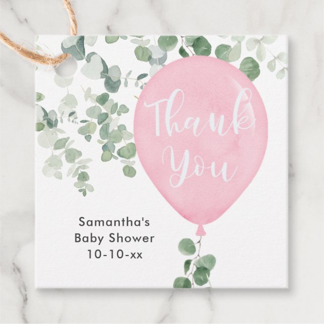 Étiquettes Cadeau Baby shower de ballon d'eucalyptus vert rose (Devant)