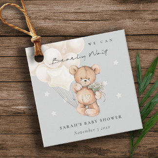 Étiquettes Cadeau Baby shower de ballon d'ours d'attente à l'ivoire 