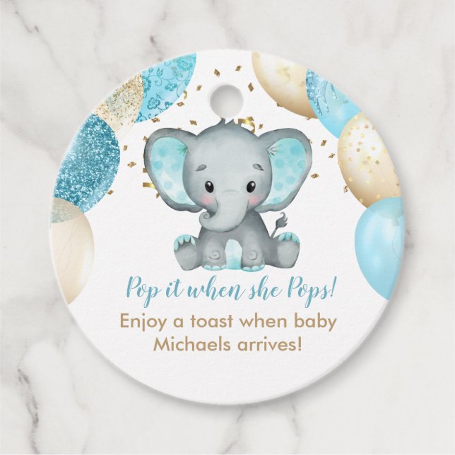 Étiquettes Cadeau Baby shower de Ballons d'or Turquiose Eléphant (Devant)