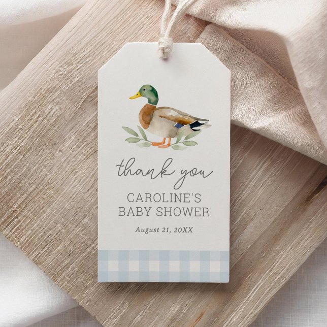 Étiquettes-cadeau Baby shower de canard En vichy bleu (Créateur téléchargé)