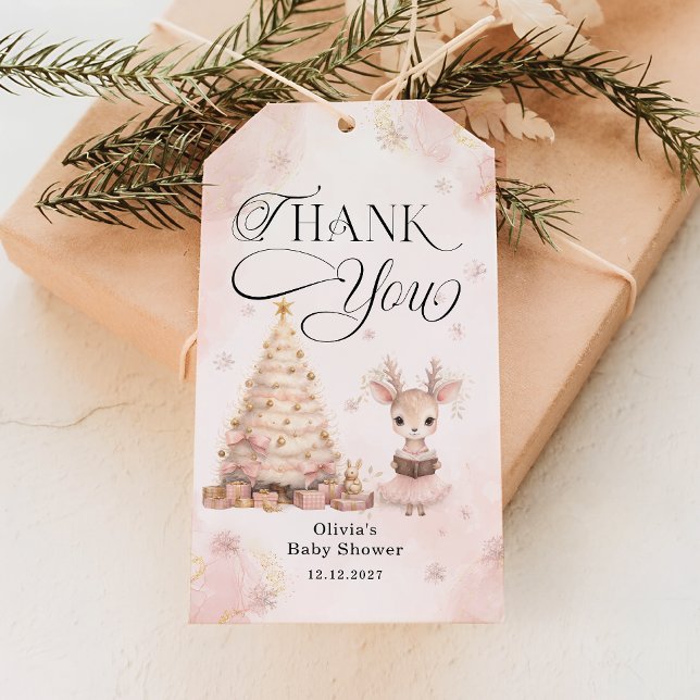 Étiquettes-cadeau Baby shower de cerf de fille d'hiver Merci (Créateur téléchargé)