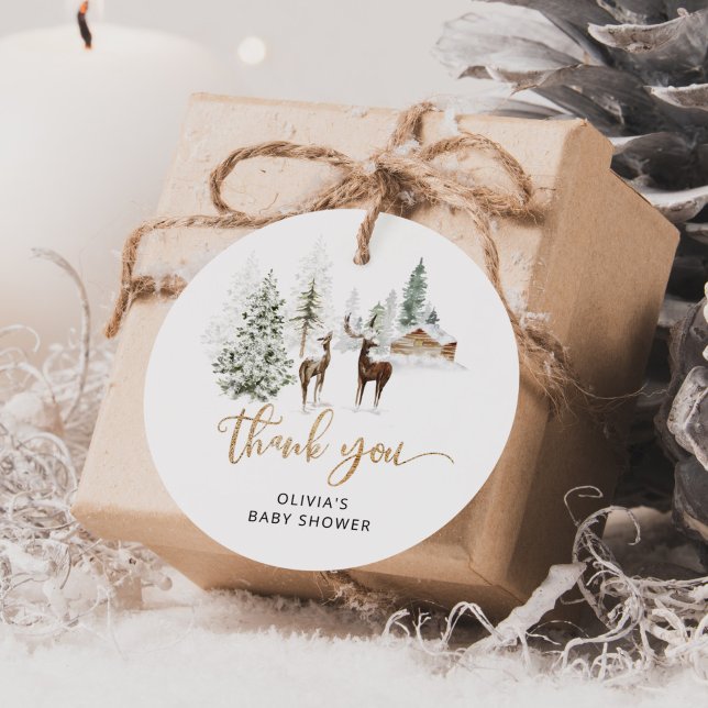 Étiquettes Cadeau Baby shower de cerfs d'animaux des bois merci (Créateur téléchargé)