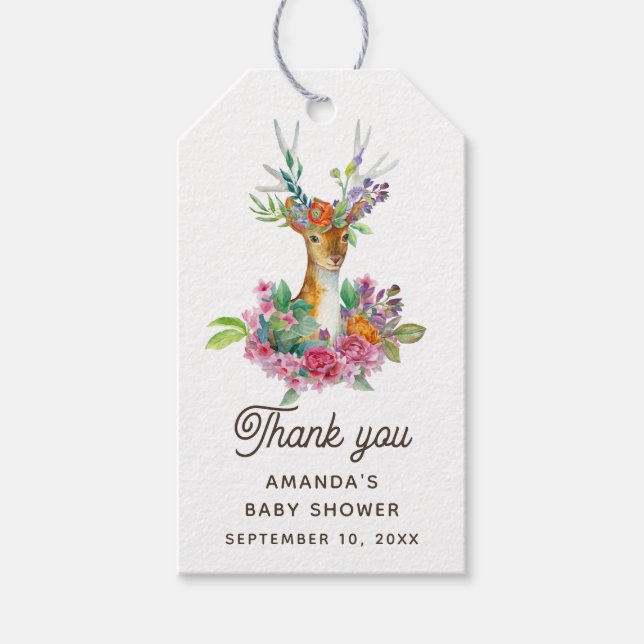 Étiquettes-cadeau Baby shower de cerfs fleuris aquarelle merci (Devant)