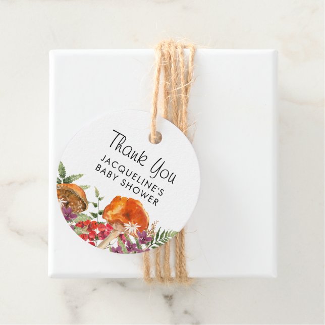 Étiquettes Cadeau Baby shower de champignons de automne Merci (En situation)