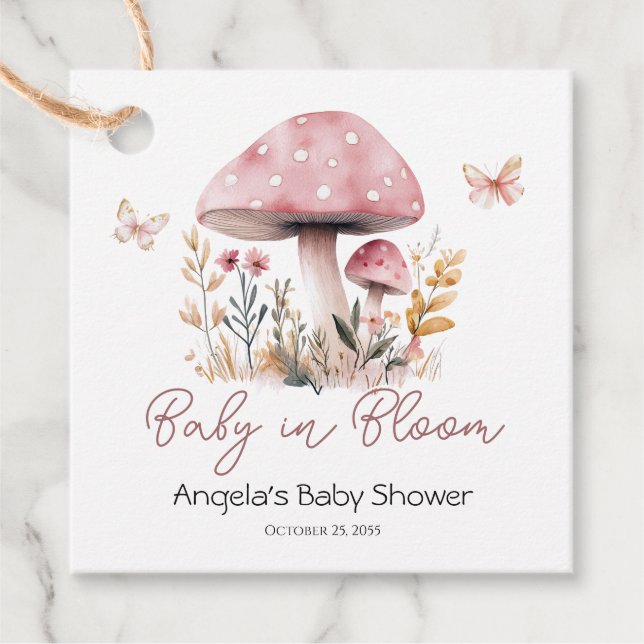 Étiquettes Cadeau Baby shower de champignons de bois rose (Devant)