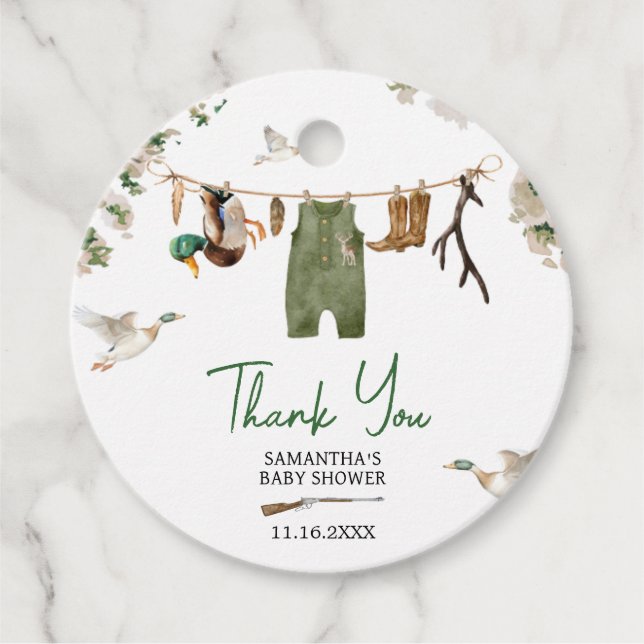 Étiquettes Cadeau Baby shower de chasse au canard rond (Devant)