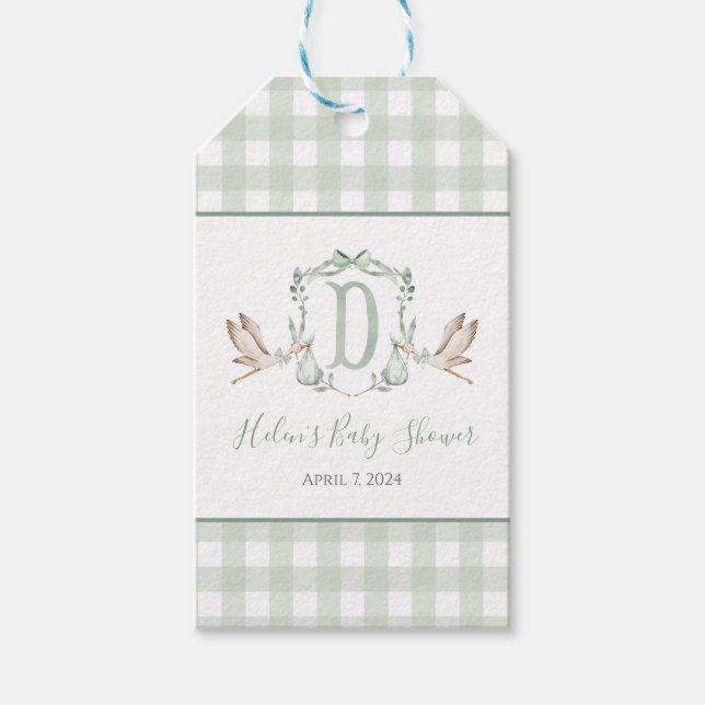 Étiquettes-cadeau Baby shower de cigogne de Preppy Southern Green (Devant)
