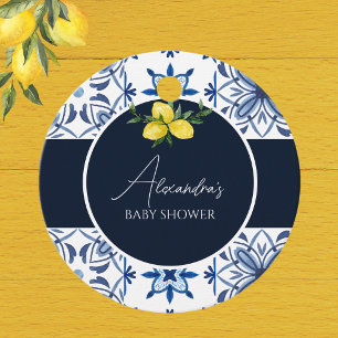 Étiquettes Cadeau Baby shower de citron italien bleu marine Merci