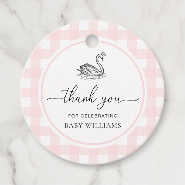Étiquettes Cadeau Baby shower de cygne rose En vichy (Devant)