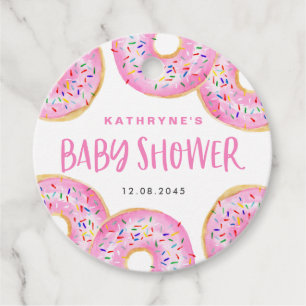 Étiquettes Cadeau Baby shower de donuts à arrosage rose