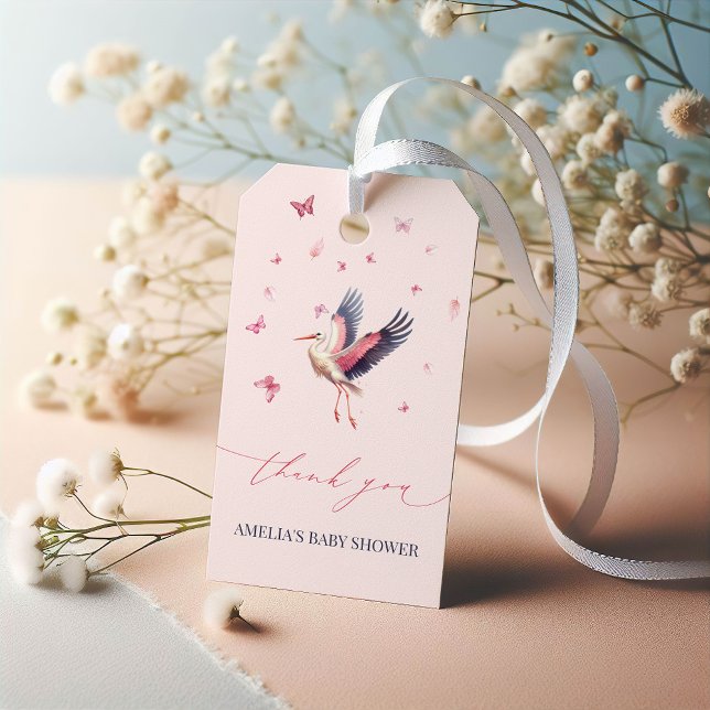 Étiquettes-cadeau Baby shower de fille à cigogne rose douce (Créateur téléchargé)