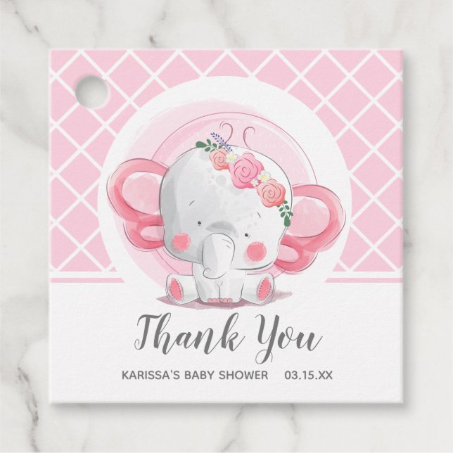 Étiquettes Cadeau Baby shower de fille d'éléphant rose (Devant)