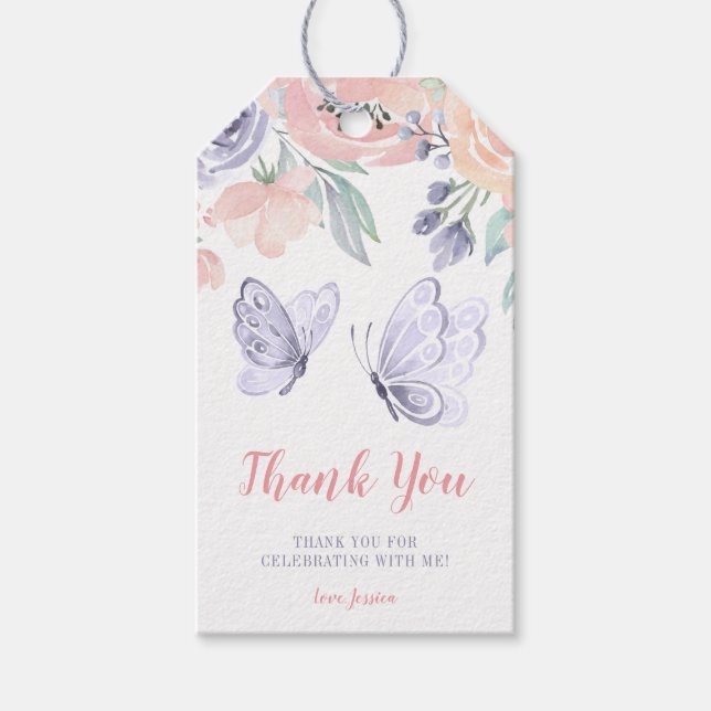 Étiquettes-cadeau Baby shower de fille papillon rose violet (Devant)
