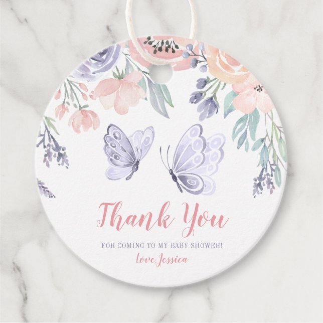 Étiquettes Cadeau Baby shower de fille papillon rose violet (Devant)