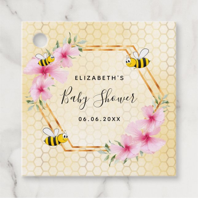 Étiquettes Cadeau Baby shower de fleurs roses de nid d'abeille (Devant)