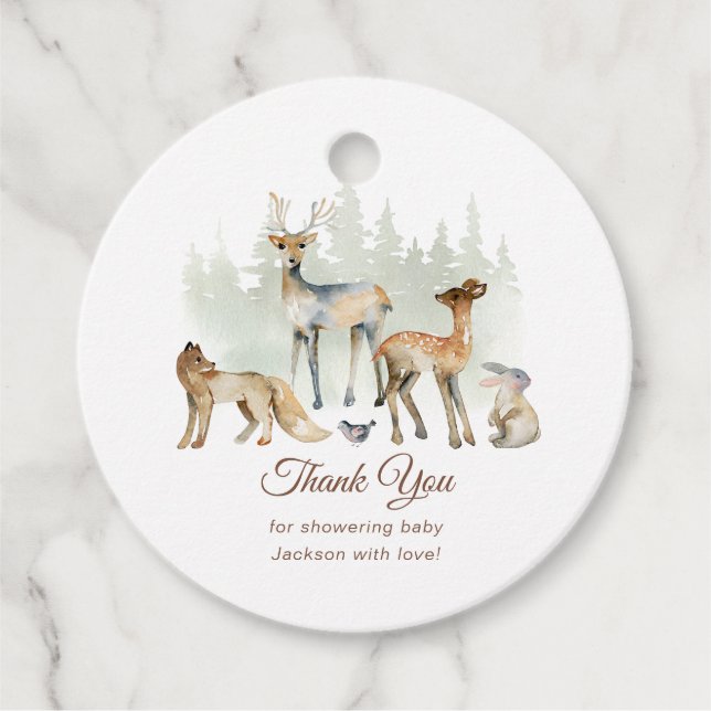 Étiquettes Cadeau Baby shower de forêt d'animaux (Devant)