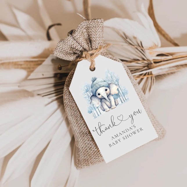 Étiquettes-cadeau Baby shower de garçon éléphant d'hiver (Créateur téléchargé)