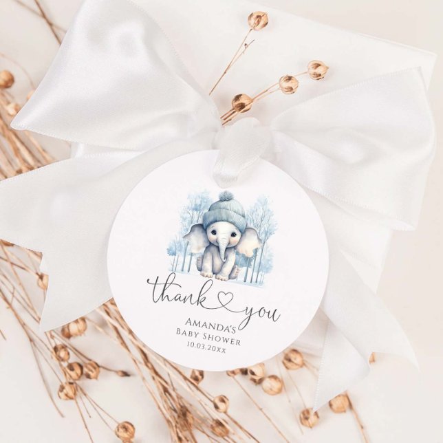 Étiquettes Cadeau Baby shower de garçon éléphant d'hiver (Créateur téléchargé)