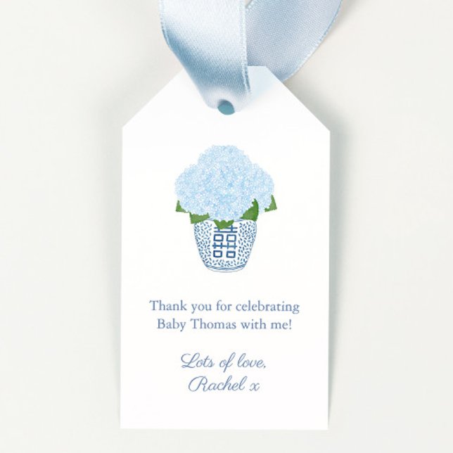 Étiquettes-cadeau Baby shower De Jarre De Gingembre D'Hydrangea Bleu (Chinoiserie Chic Watercolor Navy Blue & White Ginger Jar With Blue Hydrangeas Baby Shower Favor Tags)