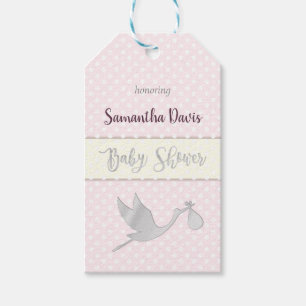 Étiquettes-cadeau Baby shower de la petite fille de cigogne d'argent