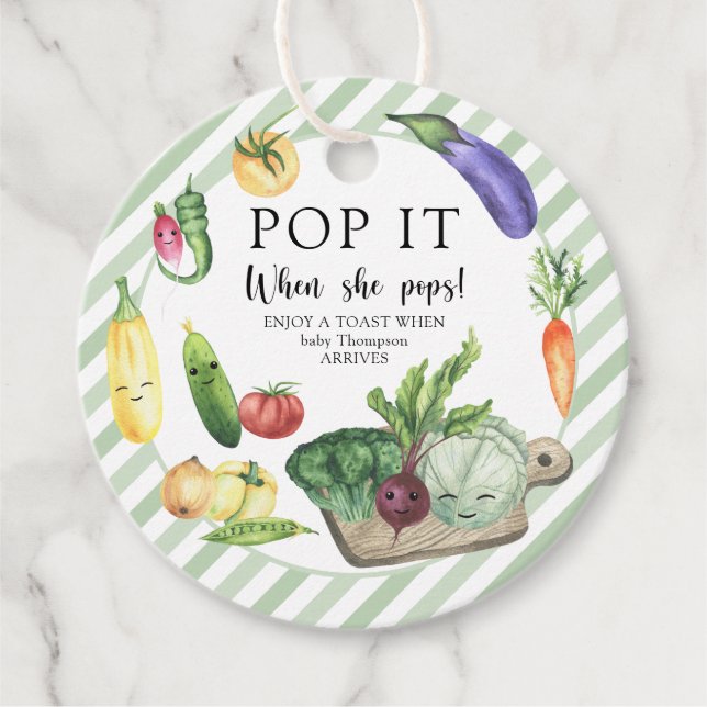 Étiquettes Cadeau Baby shower de légumes - Pop it! Quand elle éclair (Devant)
