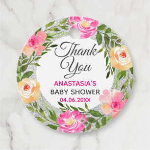 Étiquettes Cadeau Baby shower de Merci de en argent et rose