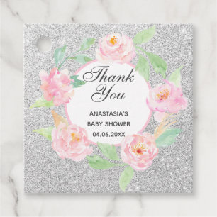 Étiquettes Cadeau Baby shower de Merci de en argent et rose