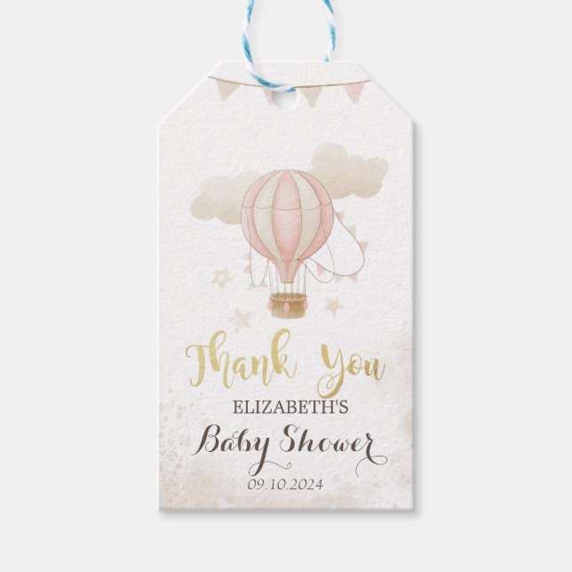 Étiquettes-cadeau Baby shower de nuages de ballon à air chaud rose (Devant)