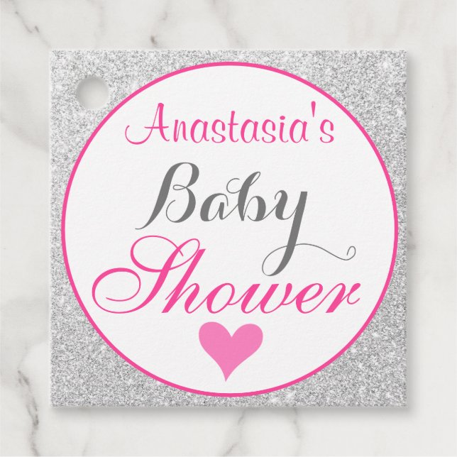 Étiquettes Cadeau Baby shower de Parties scintillant rose et argent  (Devant)