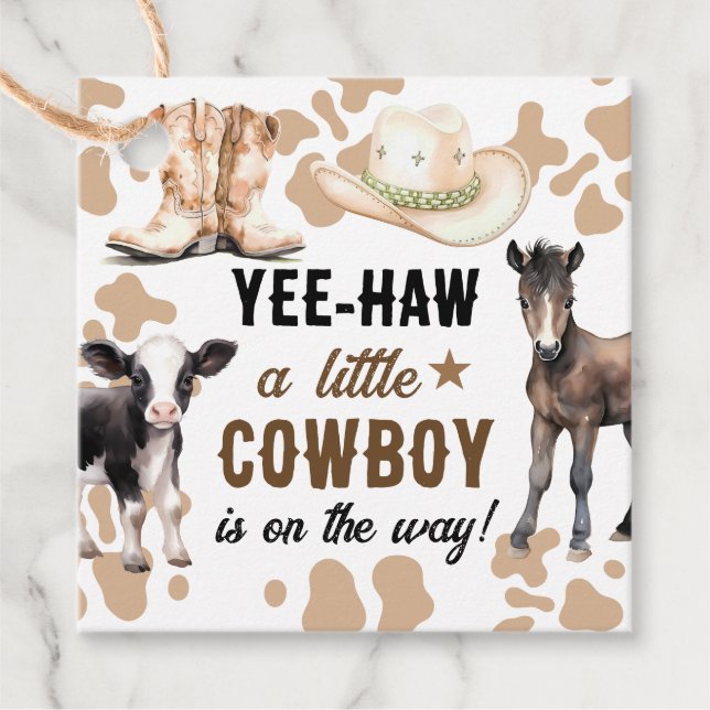 Étiquettes Cadeau Baby shower de rodéo Little Cowboy (Devant)