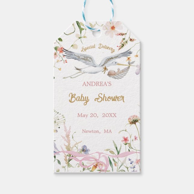 Étiquettes-cadeau Baby shower de ruban Fleur sauvage Stork (Devant)