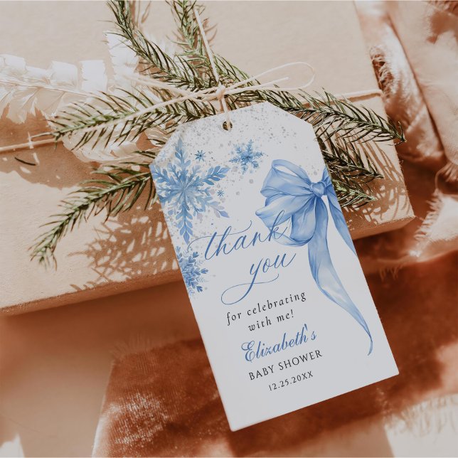 Étiquettes-cadeau Baby shower de snowflakes de Bow Blue Winter (Créateur téléchargé)