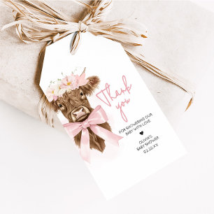 Étiquettes-cadeau Baby shower de vache rose Floral Highland Favorise